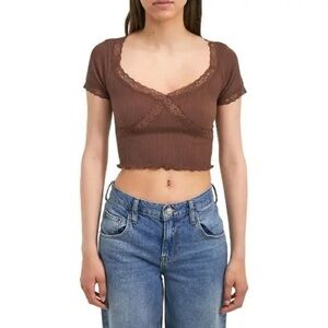 BDG Brown Lace Trim Ribbed Crop Top